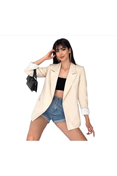 NILOO Women's Blazer Buttonless Pocketed Striped Lined Foldable Sleeve Blazer Jacket