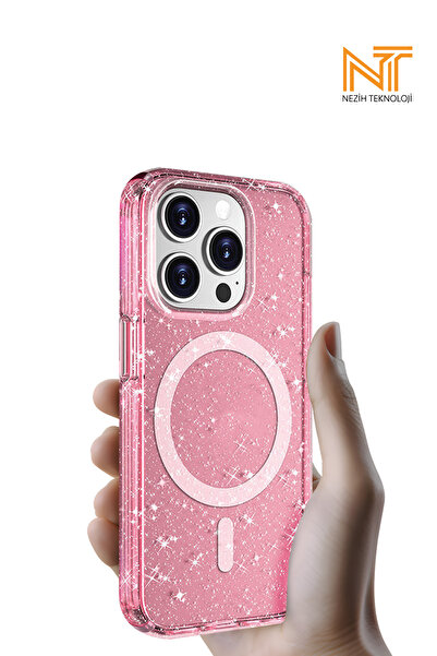 Nezih Case Apple iPhone 15 Pro Max Magsafe Şarj Özellikli Parlayan Simli Sayd...