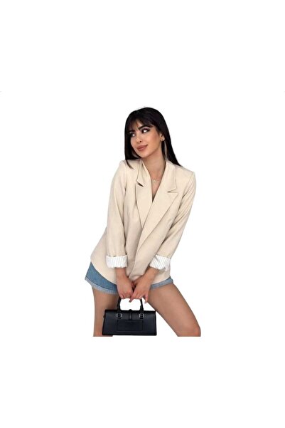 NILOO Women's Blazer Buttonless Pocketed Striped Lined Foldable Sleeve Blazer Jacket