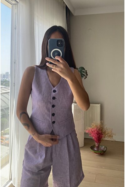 cn novembersun Kadın Keten Lila Yelek Şort 2li Takım