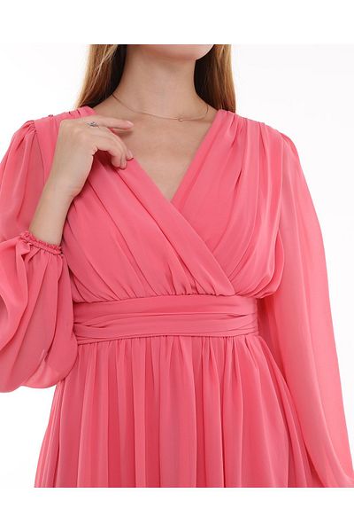 Asees Double-breasted Collar Corsage Gathered Chiffon Dress