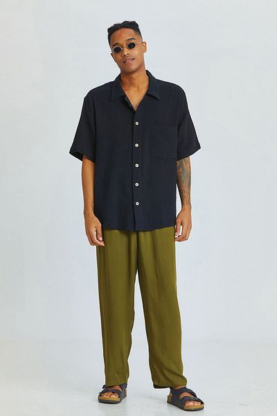 Clandestino Μαύρο ανδρικό πουκάμισο Bohemian Cuban Collar