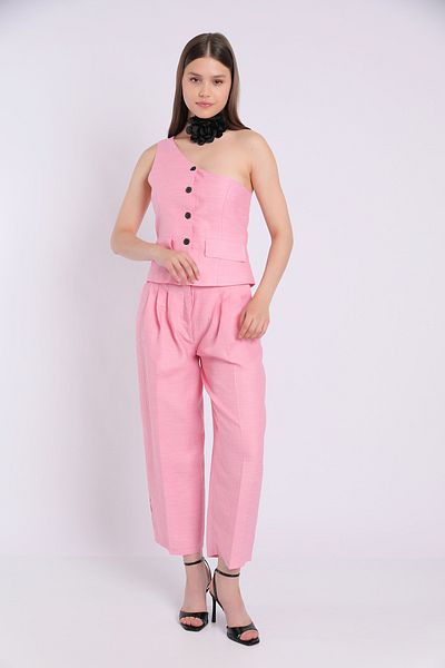 Yake Back Elastic Waist, Pockets, Cigarette Legs, Special Texture Polyester Fabric Trousers