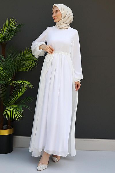 GİZ AGİYİM Λευκό Hijab Chiffon Φόρεμα - Nare