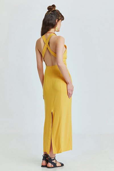 Clandestino Arkası Çapraz Yırtmaçlı Diz Altı Elbise Hardal