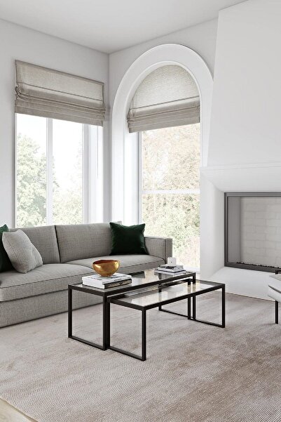 TOLIAHOME Modern Siyah Renk 2’li Metal İskeletli Temper Camlı Zigon Orta Sehpa