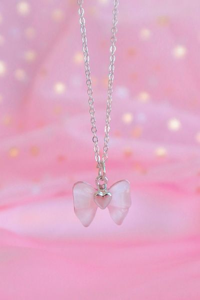 EFBUTİK Silver Colored Pink Bow Imported Necklace with Chain