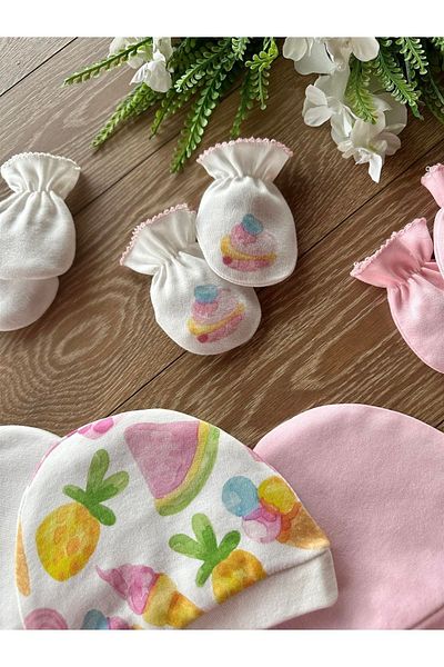 Renkli Puset Organic 6-Piece Newborn Baby Gloves Hat Set Cupcake