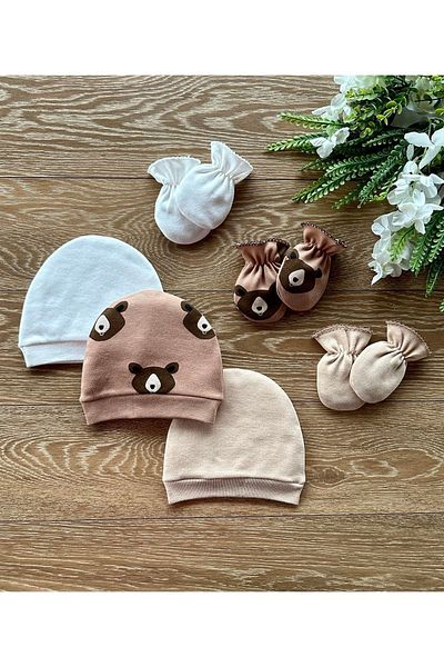 Renkli Puset Organic Set of 6 Newborn Baby Gloves and Hats Bears Brown
