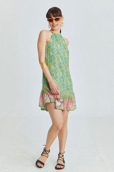 Clandestino Rochie mini verde - decolteu cu halter și fustă cu volane