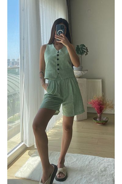 cn novembersun Green Linen Women's Vest and Shorts Set