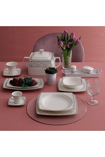 Güral Porselen GÜRAL PORSELEN CAROLİNE 85 PARÇA  12 KİŞİLİK KARE YEMEK TAKIMI 5676