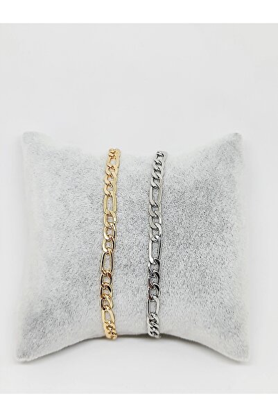 Kusakli 2'li Zincir Figaro Gümüş Altın Bileklik Seti