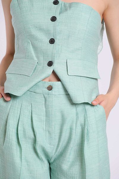 Yake Back Elastic Waist, Pockets, Cigarette Legs, Special Texture Polyester Fabric Trousers