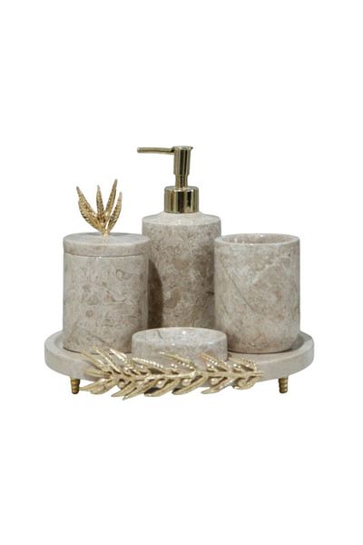 ege gross Decorative Beige Marble Gold Olive Branch Detailed 5 Piece Bathroom Set Set