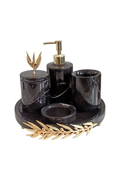 ege gross Decorative Black Marble Gold Olive Branch Detailed 5 Piece Bathroom Set Set