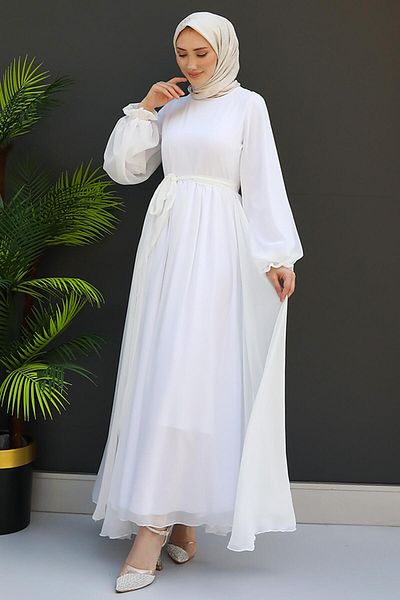 GİZ AGİYİM Λευκό Hijab Chiffon Φόρεμα - Nare