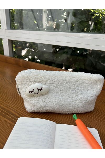 sumicorn Cute Cloud Plush Washable Zippered Gingham Lined Cloth Pen Holder Pencil Case Makeup Bag