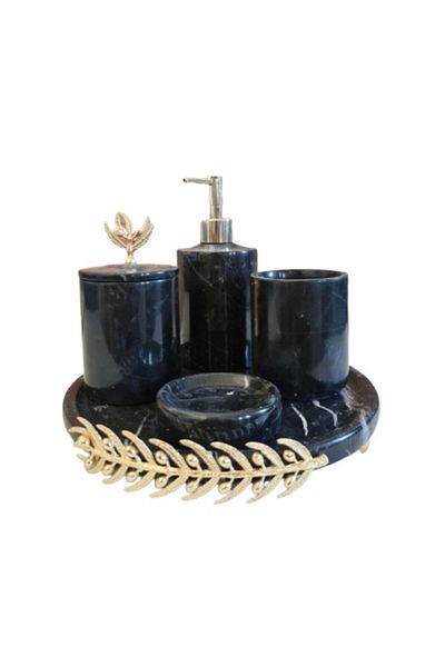 ege gross Decorative Black Marble Gold Olive Branch Detailed 5 Piece Bathroom Set Set