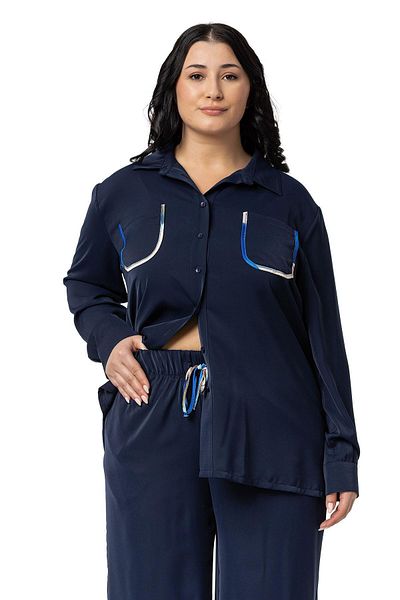DISENTIS MODEST Navy Blue Large Size Piping Detailed Shirt and Trousers Set