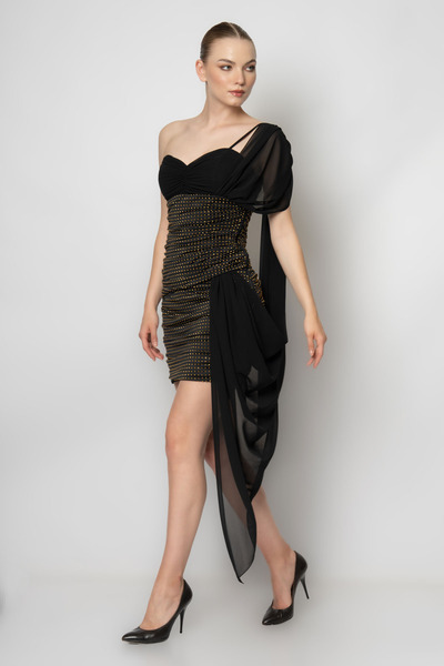 RENGIN Göğüsten şifon şal detaylı prenses yaka taşlı örme kumaş abiye elbise