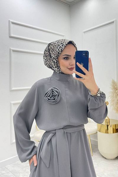 Neşeli Butik Gray Casual Hijab Jumpsuit - Belted and Rose Detailed, Nms003
