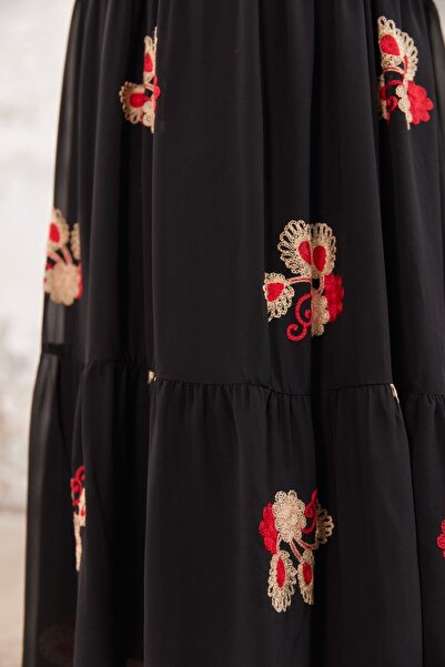 She Olive Hijab Embroidered Chiffon Skirt -red