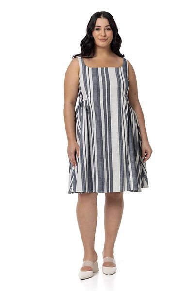 DISENTIS MODEST Μίνι φόρεμα Navy Blue Linen - Plus Size, Side Gather and Tie Back Λεπτομέρεια