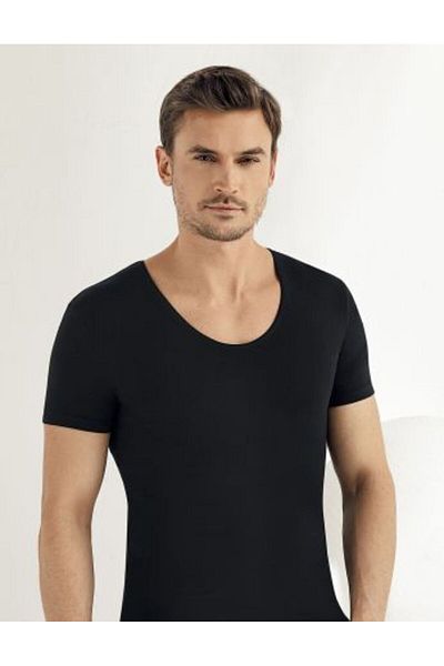 Şahinler Men's Single Jersey Undershirt - Black, Deep Bike Collar, Lycra, Short Sleeve