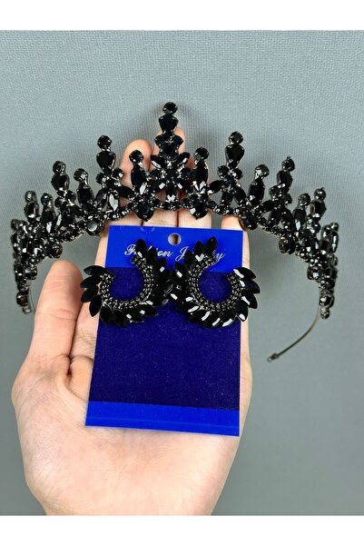 Limelia طقم أقراط من حجر الكرستال الأسود للعروس وأوراق الشجر - تاج الزفاف