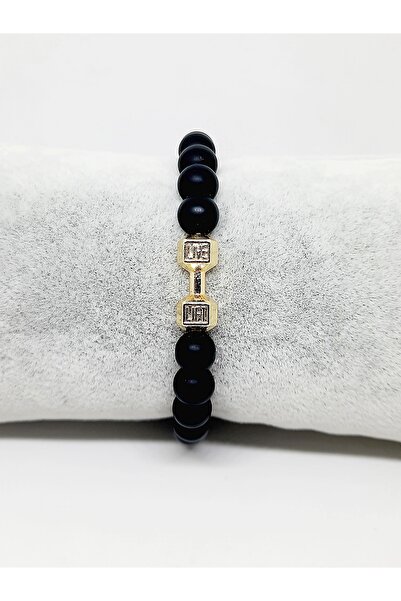 Kusakli Sarı Altın Renkli Dumbell Sporcu Doğaltaş Mat Oniks Bileklik