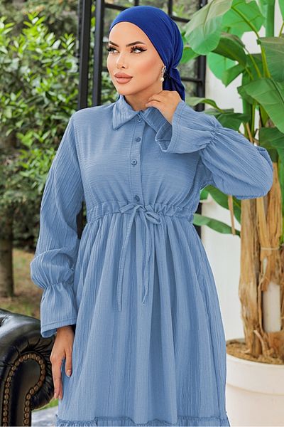 Bestenur Rochie albastră cu guler cămașă Elisa 899