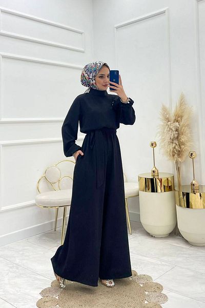 Neşeli Butik Γυναικεία φόρμα Casual Hijab με λεπτομέρεια τριαντάφυλλου - Ζώνη, Crepe Nms003