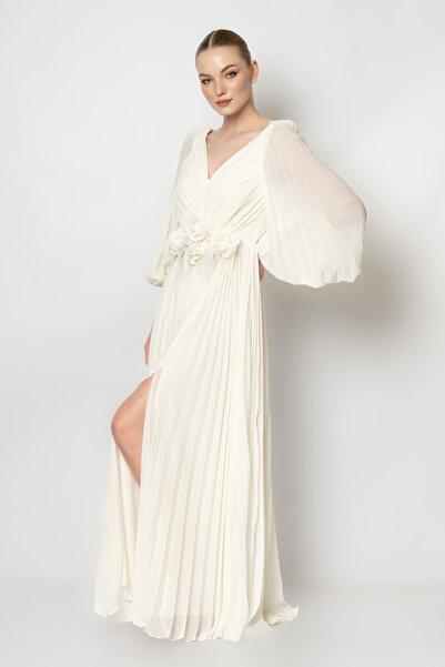 RENGIN Göğüs ortası çiçekli uzun kollu komple pileli şifon abiye elbise