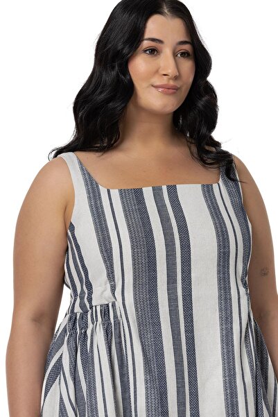 DISENTIS MODEST Μίνι φόρεμα Navy Blue Linen - Plus Size, Side Gather and Tie Back Λεπτομέρεια