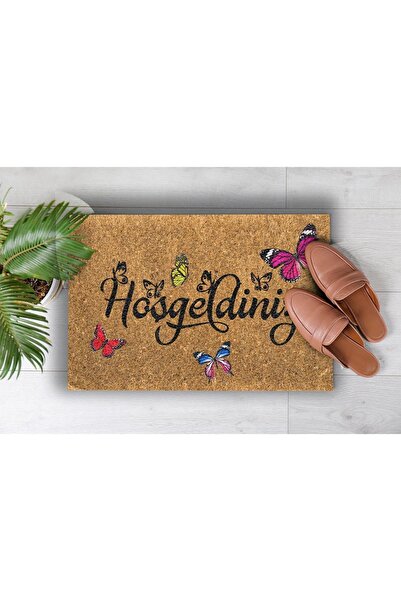 Evsebu Home Hoşgeldiniz Kelebek Dekoratif Çok Amaçlı Iç ve Dış Kapı Paspası