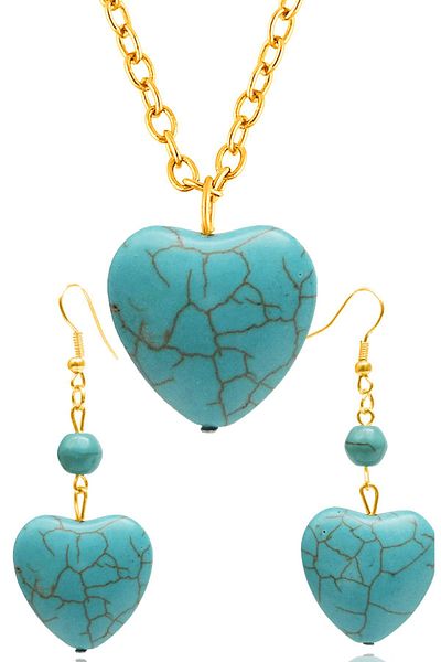 Tesbih Atölyesi Gold Heart Model Turquoise Necklace and Earring Set - Certified and Turquoise Stone