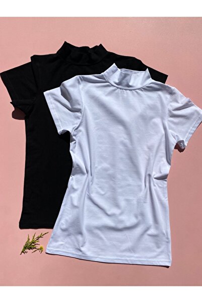 LEYNA BUTİK Black and White Short Sleeve Turtleneck Cotton Lycra Women's Athl...
