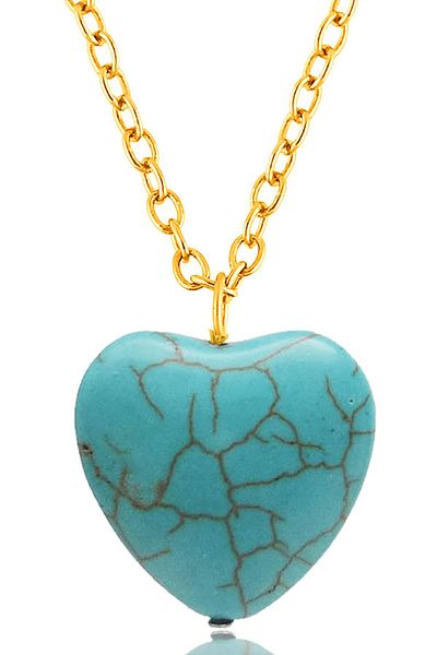 Tesbih Atölyesi Gold Heart Model Turquoise Necklace and Earring Set - Certified and Turquoise Stone