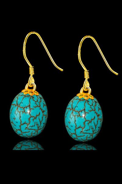 Tesbih Atölyesi Gold Globe Model Turquoise and Turquoise Stone Earrings