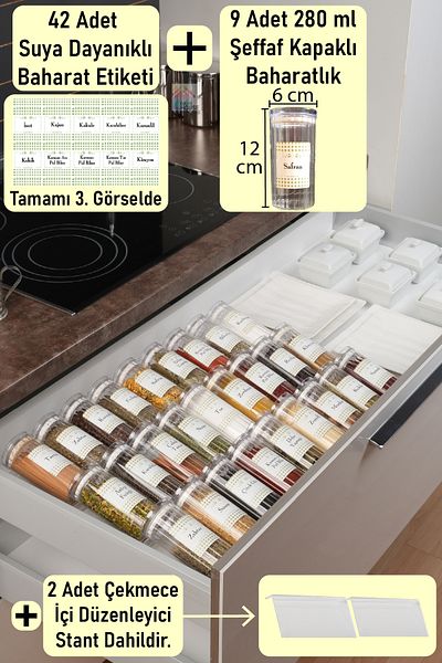 color house 9 Pieces 280 ml Glass Spice Dispenser Vacuum Borosilicate Jar and 2 Plexi Stand with Organizer Stoppers