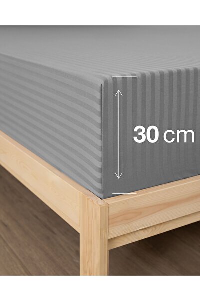 MODELHOME Gray Colored Double Cotton Striped Satin Elastic Sheet Set