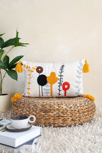 UON Decorative Pillowcase Punch Flower Patterned Cotton Throw Pillow Case White Color 35x50 cm