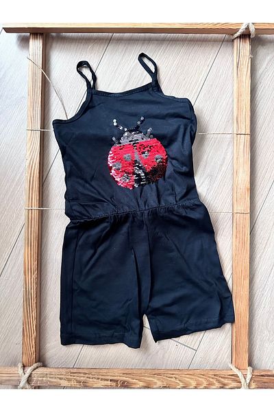 KÜFE AVM Black Sequin Thin Strap Ladybug Detailed Summer Jumpsuit