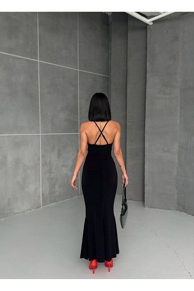 buqre's moda Women's Lined Stretchy Fabric Lapel Design Adjustable Strap Fish Cut Evening Dress