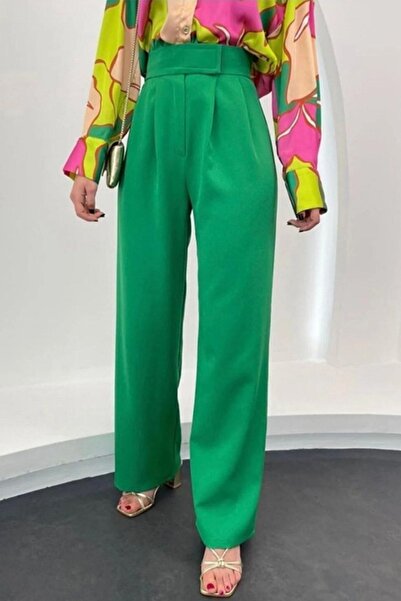 buqre's moda Ženska zelena Visok struk velcro traka za struk Palazzo pantalone