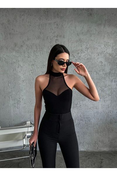 buqre's moda Guler inimă de pescar negru cu detaliu din tul
