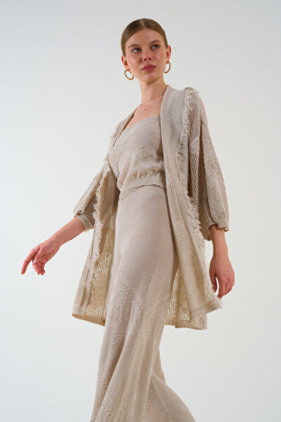 LOOSH طقم كارديجان وبلوزة وبنطلون نسائي ثلاثي مخرم بلون رملي - ياقة شال