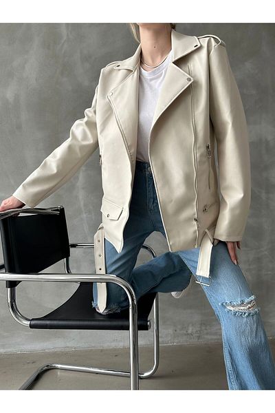 buqre's moda Oversize Γυναικείο Μακρύ Δερμάτινο Μπουφάν Biker