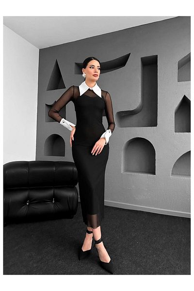 buqre's moda Noul sezon Guler cămașă Detaliu cu nasturi aurii Rochie midi neagră din tul transparent